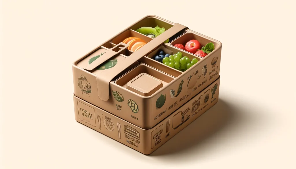 Gambar paper lunch box ramah lingkungan dengan desain menarik yang digunakan untuk kemasan makanan praktis dan efisien.