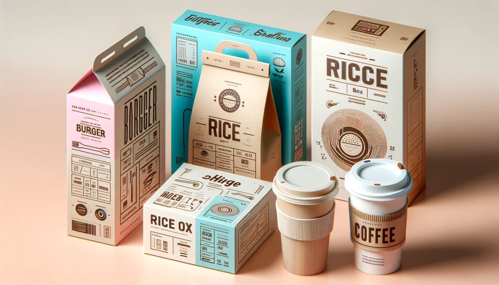 Gambar kemasan kertas ramah lingkungan untuk makanan dengan desain menarik dan informatif, cocok untuk meningkatkan citra merek dan menarik perhatian konsumen.