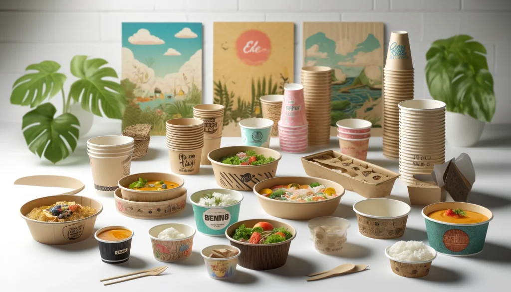Gambar berbagai jenis paper bowl ramah lingkungan dengan desain kustom dan warna menarik, cocok untuk kemasan makanan panas, dingin, dan berkuah.