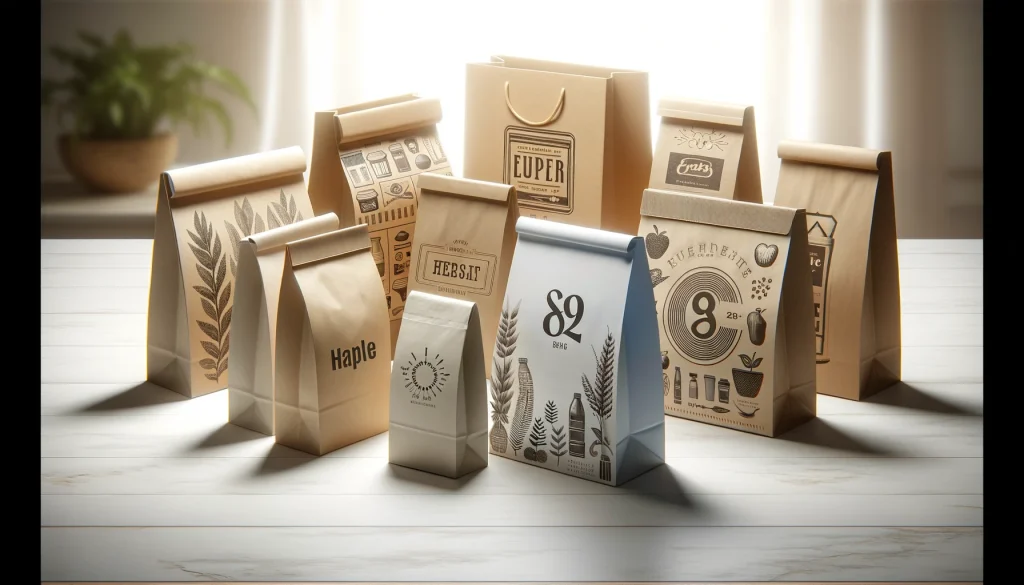 Gambar berbagai ukuran paper bag makanan dengan desain menarik dan logo perusahaan, menunjukkan pilihan kemasan yang praktis, higienis, dan ramah lingkungan untuk bisnis kuliner.