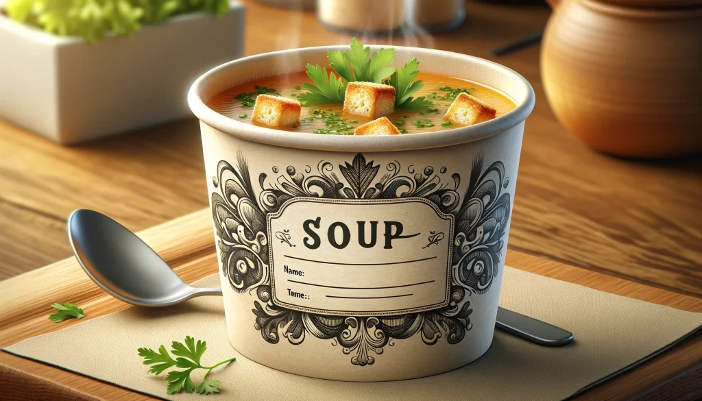 Soup cup berisi sup hangat dengan dekorasi crouton dan parsley, disajikan dalam cangkir paper cup ramah lingkungan dengan desain elegan.