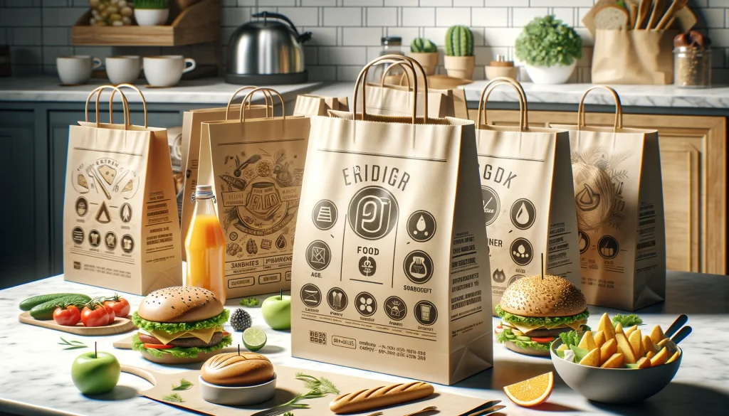 Food paper bag dengan desain menarik dan ramah lingkungan, ideal untuk kemasan makanan bisnis kuliner.