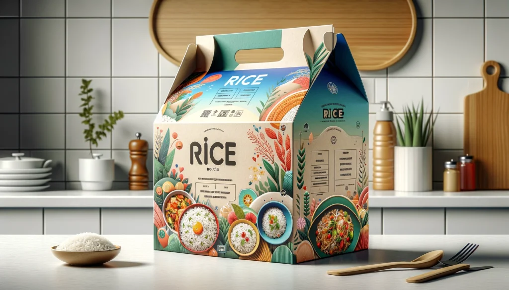 Desain kemasan kertas rice box yang kreatif dengan ilustrasi menarik dan warna cerah untuk produk makanan ramah lingkungan.