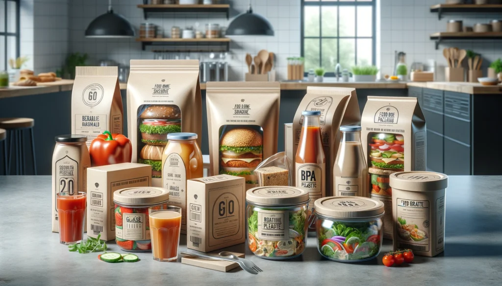 Gambar kemasan makanan food grade yang aman dan ramah lingkungan, termasuk paper bowl, kotak kertas, dan botol kaca, menjaga kualitas dan keamanan makanan.