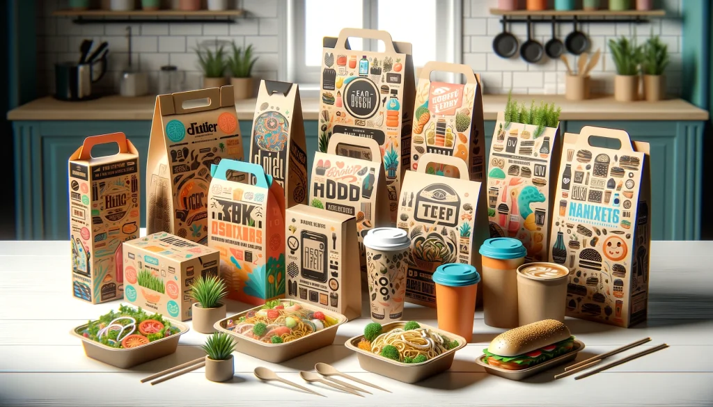 Contoh kemasan kertas makanan takeaway yang ramah lingkungan dengan desain kreatif dan menarik.