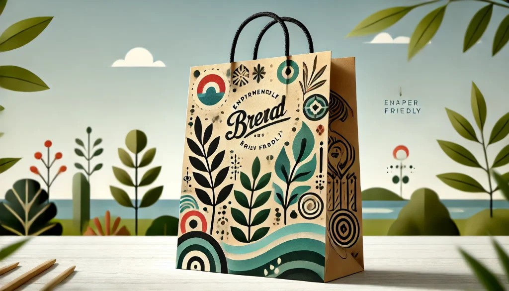 Paper bag dengan desain motif daun dan pola abstrak yang menarik, dilengkapi dengan logo brand. Kantong kertas ini menonjolkan kesan modern dan ramah lingkungan, ideal untuk bisnis yang peduli terhadap keberlanjutan.