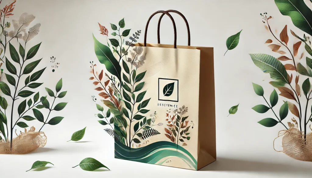 Gambar paper bag ramah lingkungan dengan desain kreatif, menampilkan motif dedaunan dan logo emblem daun minimalis. Tas kertas ini mencerminkan tema keberlanjutan dan estetika modern.
