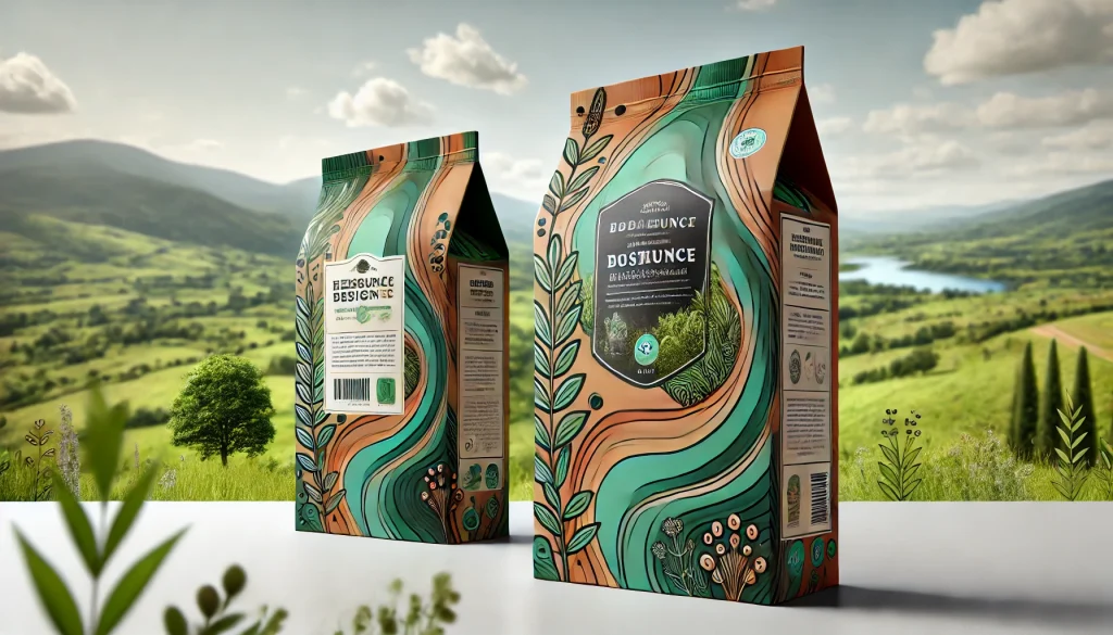 Gambar kemasan produk dengan desain menarik, menampilkan motif alami dengan warna hijau dan cokelat. Desain modern dan ergonomis, mencerminkan aspek ramah lingkungan dan kualitas tinggi.