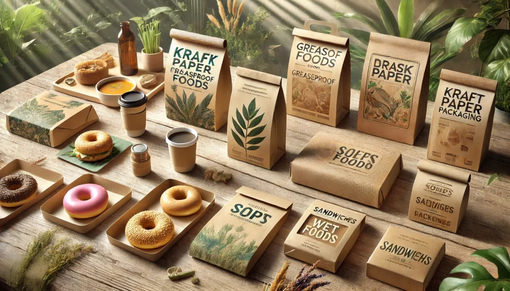 Desain kemasan kertas kraft inovatif untuk berbagai jenis makanan, termasuk kemasan greaseproof untuk makanan berminyak seperti donat, kemasan tahan air untuk makanan berkuah seperti sup, dan kemasan sederhana yang kuat untuk sandwich dan kue. Setiap kemasan memiliki motif unik dan desain branding yang menarik, mencerminkan tema ramah lingkungan dengan latar belakang meja kayu dan tanaman hijau.