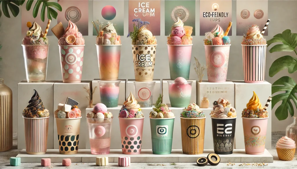 Gambar berbagai desain ice cream cup kekinian dengan motif unik, seperti polkadot warna-warni, cup transparan yang menampilkan lapisan es krim, dan cup ramah lingkungan berbahan bambu. Terdapat topping es krim aesthetic seperti bunga yang bisa dimakan, marshmallow, dan sprinkle. Desain cup juga menampilkan logo custom dan elemen branding modern, dengan latar belakang bertema kafe Instagrammable yang dihiasi tekstur alami dan pencahayaan lembut.