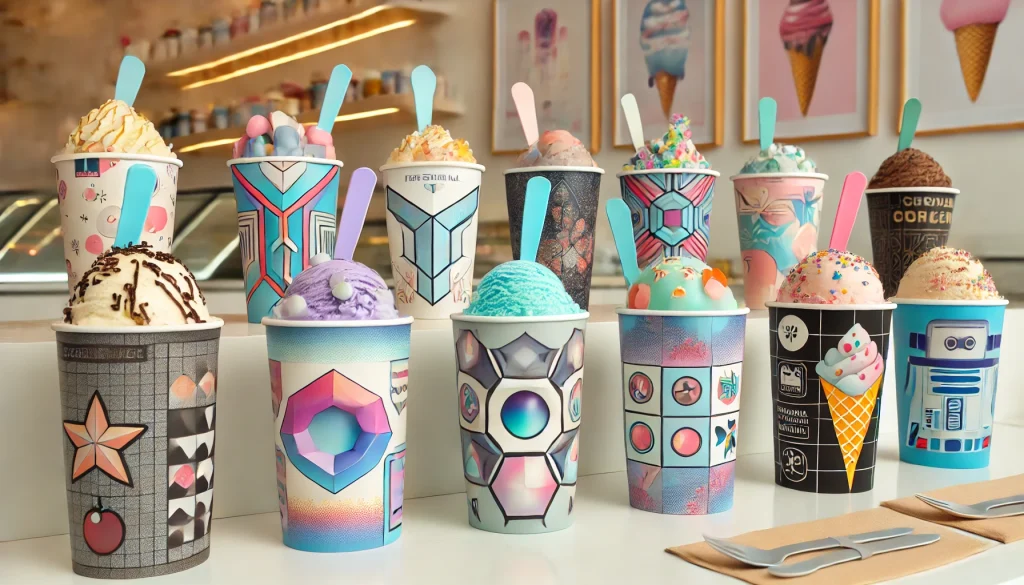 Gambar berbagai ice cream cup kekinian dengan desain inovatif, termasuk bentuk geometris futuristik, warna cerah, motif kartun dan floral, serta bahan ramah lingkungan di latar belakang toko es krim modern yang instagrammable.