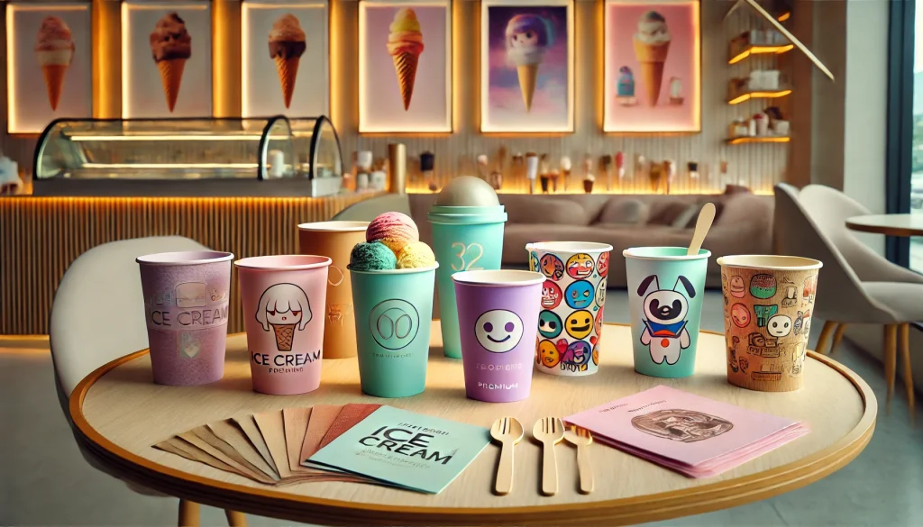 Berbagai desain cup es krim custom dengan fitur inovatif seperti bahan ramah lingkungan, motif anak-anak, warna yang berubah sesuai suhu, dan desain premium minimalis. Cup-cup ini dipajang di atas meja dalam suasana modern dengan latar belakang kafe es krim yang kreatif dan cerah.