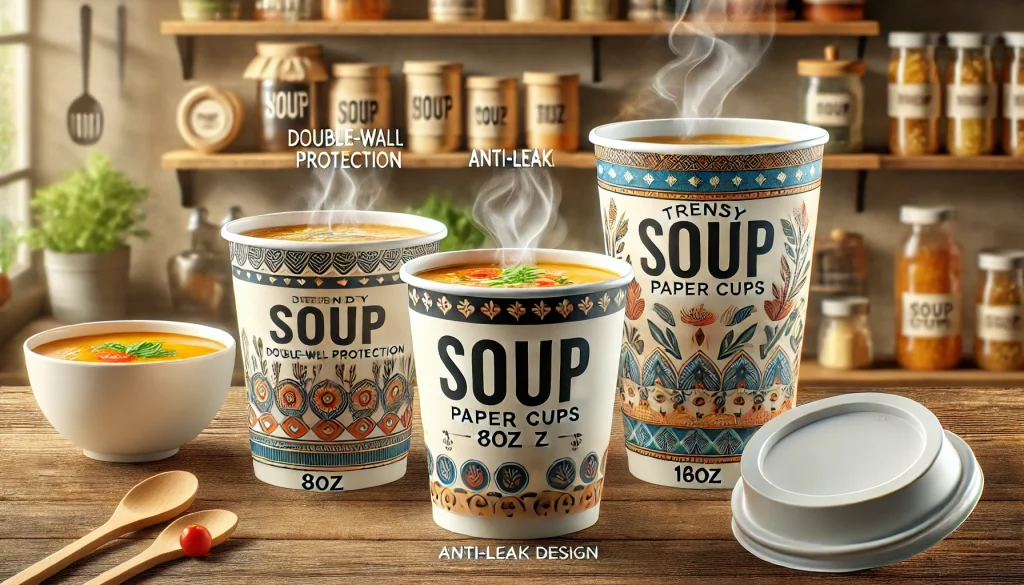 Macam-macam soup paper cup kekinian dengan berbagai ukuran (8oz, 12oz, 16oz), menampilkan sup panas di dalamnya dengan tutup cup di samping. Fitur inovatif seperti lapisan ganda anti bocor dan bahan ramah lingkungan terlihat jelas, dengan desain motif modern yang menarik. Latar belakang berupa restoran atau dapur yang hangat, cocok untuk bisnis kuliner yang menyajikan sup.