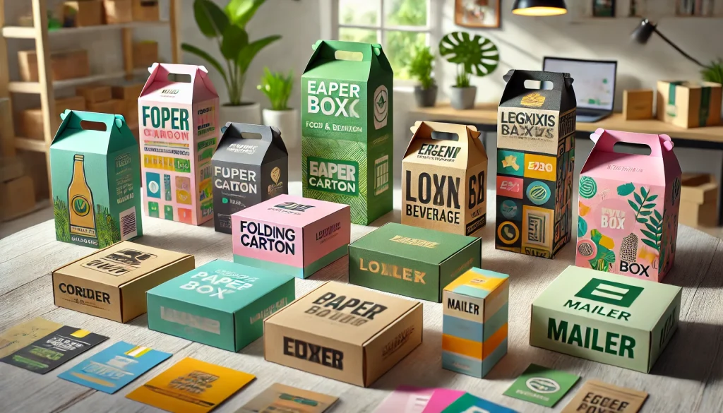 Gambar berisi berbagai jenis paper box yang dipersonalisasi untuk bisnis, termasuk folding carton dengan desain cerah untuk industri makanan dan minuman, rigid box untuk brand fashion mewah, corrugated box dengan label hijau untuk logistik, serta mailer box yang trendi untuk toko retail online. Nuansa berwarna-warni dan ramah lingkungan, dikelilingi oleh tanaman hijau, menonjolkan aspek kemasan berkelanjutan.