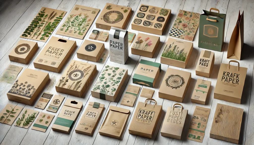 Gambar menunjukkan berbagai jenis kemasan kertas modern dengan fitur inovatif, termasuk kotak ramah lingkungan, tas kertas kraft, dan kotak lipat dengan desain menarik serta lapisan food-safe. Latar belakangnya mengandung elemen alami seperti tekstur kayu dan tanaman hijau, menekankan tema ramah lingkungan.