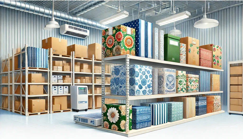 Ilustrasi berbagai jenis paper packaging, seperti kotak, tas, dan bungkus dengan desain dan motif menarik. Latar belakang menampilkan kondisi penyimpanan ideal yang rapi, dengan rak yang tertata, pencahayaan baik, dan lingkungan bersih serta kering, memastikan kemasan tetap awet dan aman.