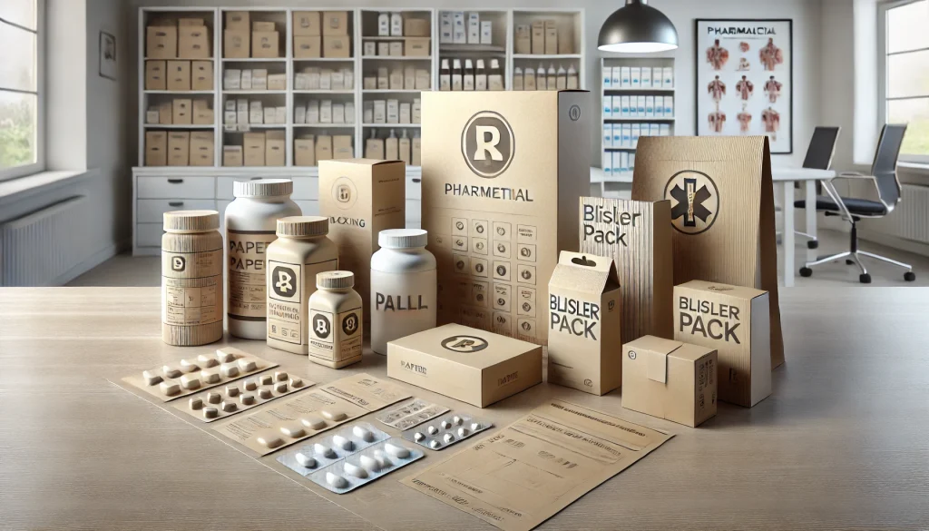 Gambar 3D yang menampilkan berbagai jenis kemasan kertas yang sering digunakan di industri farmasi, termasuk kotak kecil dan besar, wadah pil, serta amplop blister pack dengan desain logo profesional. Semua kemasan ditempatkan di atas meja kantor yang modern dengan latar belakang kantor apotek yang terang dan rapi, lengkap dengan rak obat dan poster medis. Material kemasan tampak berkualitas tinggi, menekankan daya tahan dan aspek higienis.