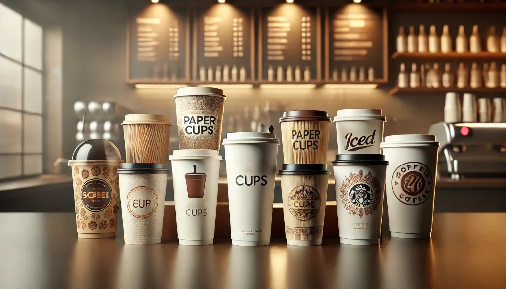 Gambar 3D menampilkan berbagai paper cup berkualitas untuk minuman panas dan dingin dengan desain logo menarik. Latar belakang berupa kafe mendukung tema bisnis minuman.