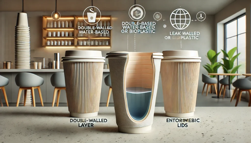 Ilustrasi 3D berbagai paper cup modern dengan fitur inovatif, salah satunya ditampilkan dalam posisi horizontal untuk memperlihatkan lapisan dalam ramah lingkungan berbahan bioplastik atau berbasis air. Desain cup termasuk insulator bergelombang dan tutup ergonomis dengan latar kafe yang mendukung tema keberlanjutan dan inovasi.