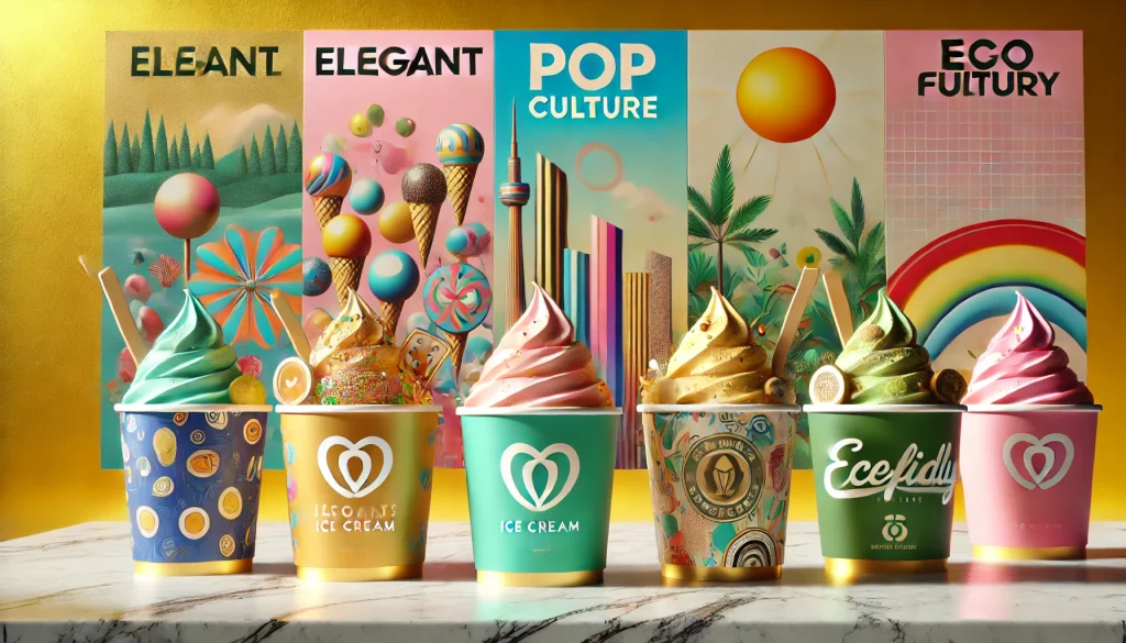 Ilustrasi 3D ice cream cup kekinian dengan tema elegan, pop culture, dan ramah lingkungan. Desain elegan menampilkan warna pastel cerah dan aksen emas, tema pop culture dengan warna berani dan motif animasi, serta tema ramah lingkungan dengan bahan daur ulang dan nuansa alam. Latar belakang mencerminkan keunikan tiap tema: meja marmer berkilau untuk desain elegan, mural urban penuh warna untuk tema pop culture, dan hutan cerah untuk tema ramah lingkungan. Gambar ini cocok untuk branding bisnis kuliner di Indonesia.