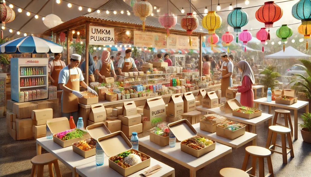 Ilustrasi 3D suasana pedagang UMKM di pujasera Indonesia dengan atmosfer cerah dan hidup. Fokus utama pada kemasan makanan seperti kotak kraft, bungkus kertas, dan plastik ziplock. Tampak pedagang sibuk menyiapkan makanan seperti nasi goreng dan camilan, serta pelanggan menikmati hidangan di meja. Kemasan ramah lingkungan dan desain minimalis menonjol, mencerminkan tren bisnis kuliner UMKM di Indonesia.