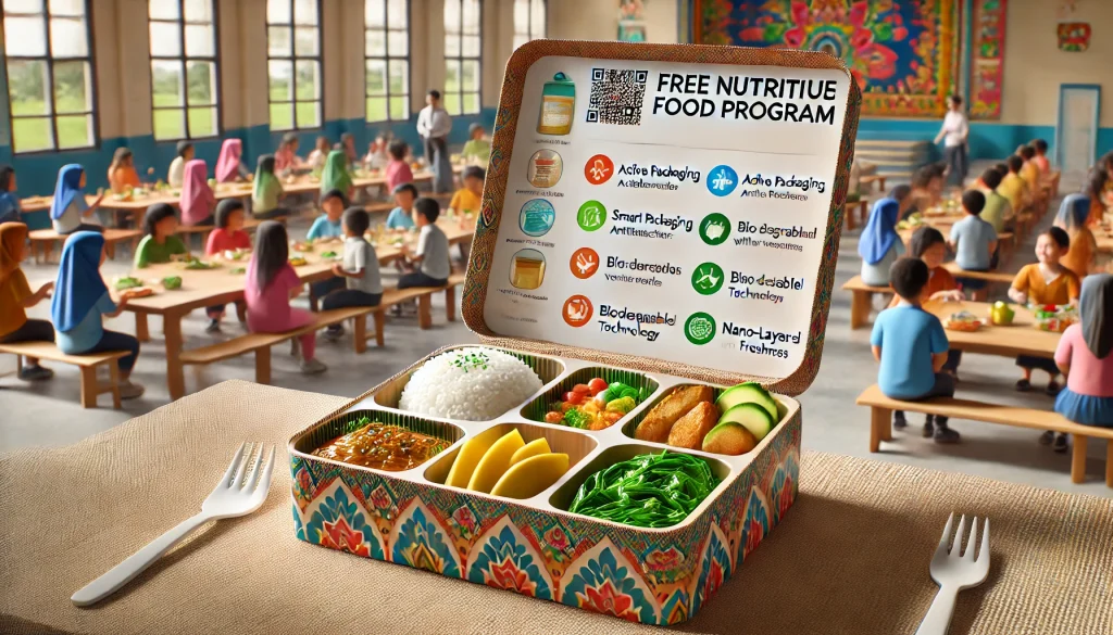 Ilustrasi 3D kotak makanan food grade untuk program makan bergizi di Indonesia. Berisi nasi putih, ayam goreng, tumis kangkung, pepaya, dan mangga. Kotak ini menampilkan fitur inovatif seperti kemasan aktif antibakteri, kemasan pintar dengan QR code untuk Nutrition Facts, bahan biodegradable yang ramah lingkungan, dan lapisan nano untuk menjaga kesegaran. Latar belakang menunjukkan suasana sekolah dengan anak-anak ceria menikmati makanan bersama, didampingi guru dalam lingkungan yang bersih dan penuh dekorasi meriah.