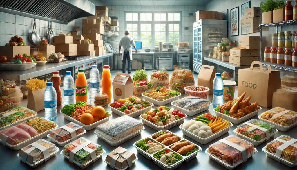 Berbagai jenis kemasan makanan food grade di dapur UMKM kuliner Indonesia, termasuk plastik kedap udara, kotak kertas food grade, aluminium foil, kemasan biodegradable, dan kemasan vakum, ditampilkan dengan jelas dan terorganisir. Gambar ini menonjolkan kualitas dan keamanan kemasan makanan yang sesuai untuk usaha catering atau kuliner.