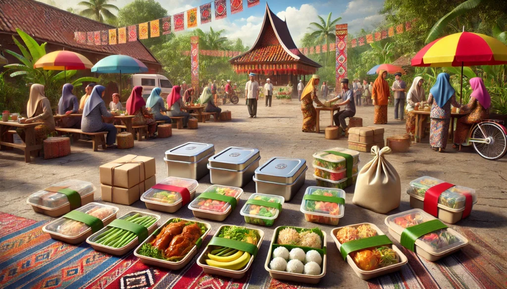 Ilustrasi distribusi makan bergizi gratis di Indonesia menggunakan berbagai kemasan ramah lingkungan, seperti kotak makan stainless steel, wadah biodegradable, pembungkus daun pisang, kantong kain daur ulang, dan kertas food grade. Setiap porsi berisi nasi, ayam teriyaki, sayur buncis, dan pisang, dengan latar suasana pembagian makanan yang meriah di sekolah atau komunitas lokal, menonjolkan nilai keberlanjutan dan kesehatan.