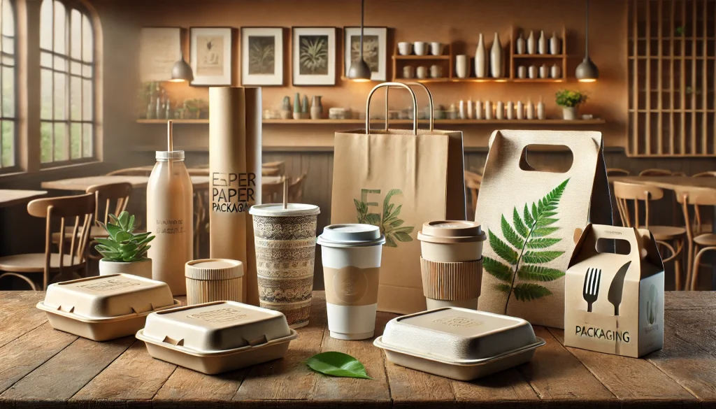Ilustrasi kemasan ramah lingkungan termasuk paper cup bermotif bunga, paper box kraft, biodegradable bag, reusable containers, dan kemasan berbasis daun, ditampilkan dalam suasana kafe atau restoran dengan meja kayu, makanan, minuman, dan dekorasi hijau yang mendukung tema ramah lingkungan.