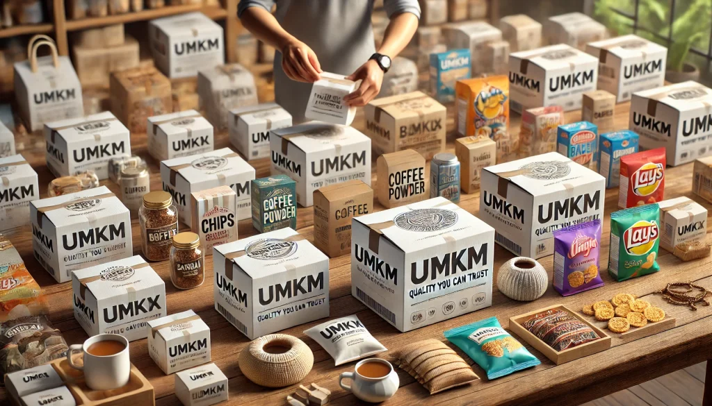 Ilustrasi 3D realistis yang menunjukkan proses pengemasan berbagai produk UMKM ke dalam kotak kertas duplex di atas meja kayu. Setiap kotak memiliki desain khusus dengan logo perusahaan dan slogan seperti 'Quality You Can Trust' atau 'Crafted with Care' yang dicetak pada sisi putih halus dari kertas duplex. Produk yang dikemas meliputi keripik, biskuit, kue tradisional seperti nastar dan kastengel, kopi bubuk, teh celup, botol sambal, tas anyaman, perhiasan buatan tangan, serta vas keramik kecil. Tangan penjual terlihat sedang mengemas produk ke dalam kotak yang telah dihias, sementara beberapa kotak yang sudah selesai tertata rapi di sampingnya. Latar belakang menampilkan rak-rak kabur yang dipenuhi produk UMKM lain dengan kemasan serupa, menciptakan suasana profesional dan penuh warna.