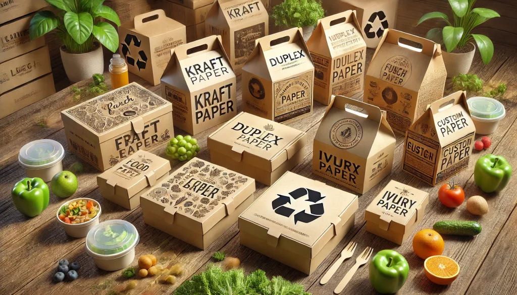 Gambar 3D menampilkan berbagai paper lunch box custom di atas meja kayu, dibuat dari bahan kraft paper, duplex paper, ivory paper, dan corrugated paper. Setiap kotak memiliki desain unik dengan logo, warna, dan motif berbeda, mencerminkan opsi kustomisasi untuk branding bisnis makanan. Di sekitar kemasan terdapat bahan makanan segar seperti sayuran dan buah, menonjolkan aspek keamanan pangan. Simbol daur ulang dan elemen hijau di latar belakang memperkuat pesan ramah lingkungan. Tampilan natural dan pencahayaan yang hangat menciptakan kesan organik dan premium.