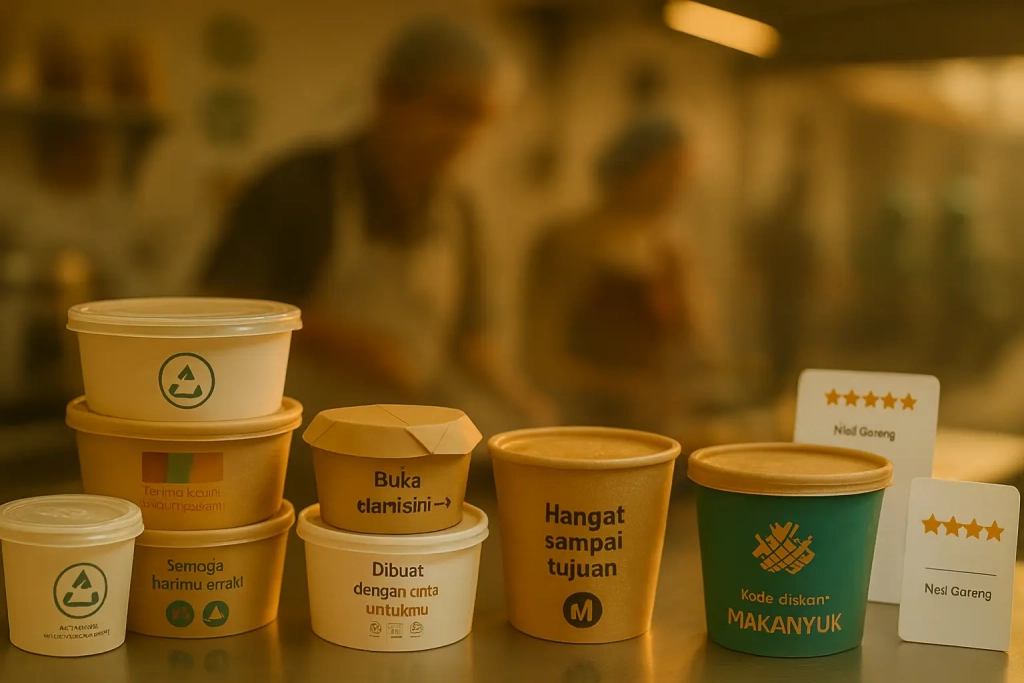 Aneka paper bowl food grade dengan pesan personal di meja stainless, latar cloud kitchen Indonesia buram.